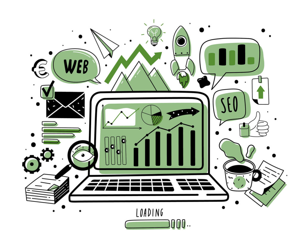 Website Banner mit Laptop und vielen Icons, die zum Thema Online-Marketing und SEO passen. 