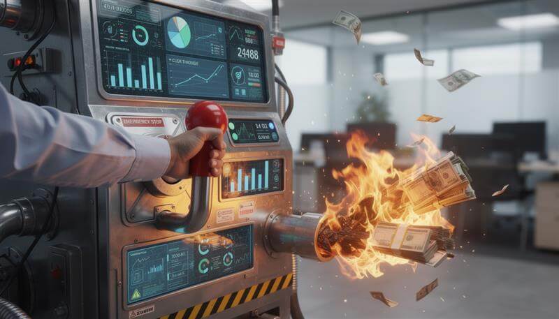 Futuristische Google Ads Kampagnenmaschine verbrennt Geld. Ein Arm mit Hemd zieht die Notbremse.