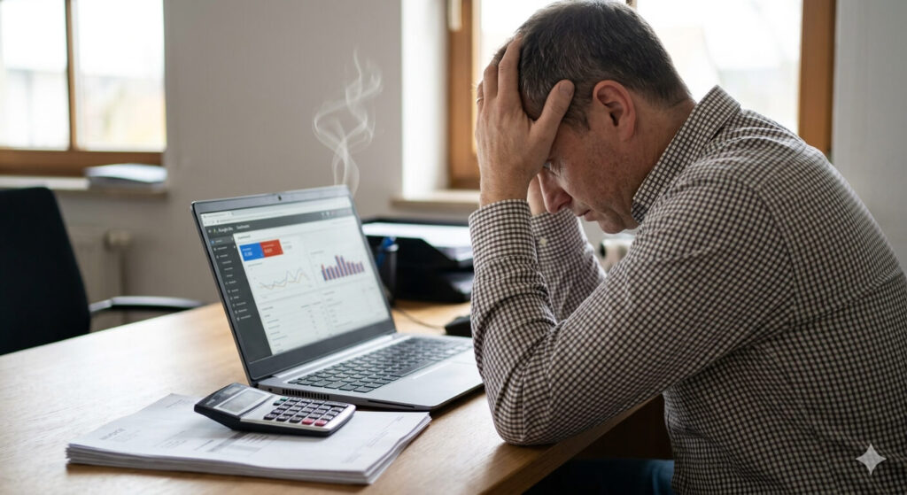 Ein verzweifelter Unternehmer sitzt vor einem rauchenden Laptop mit Google Ads Übersicht. 